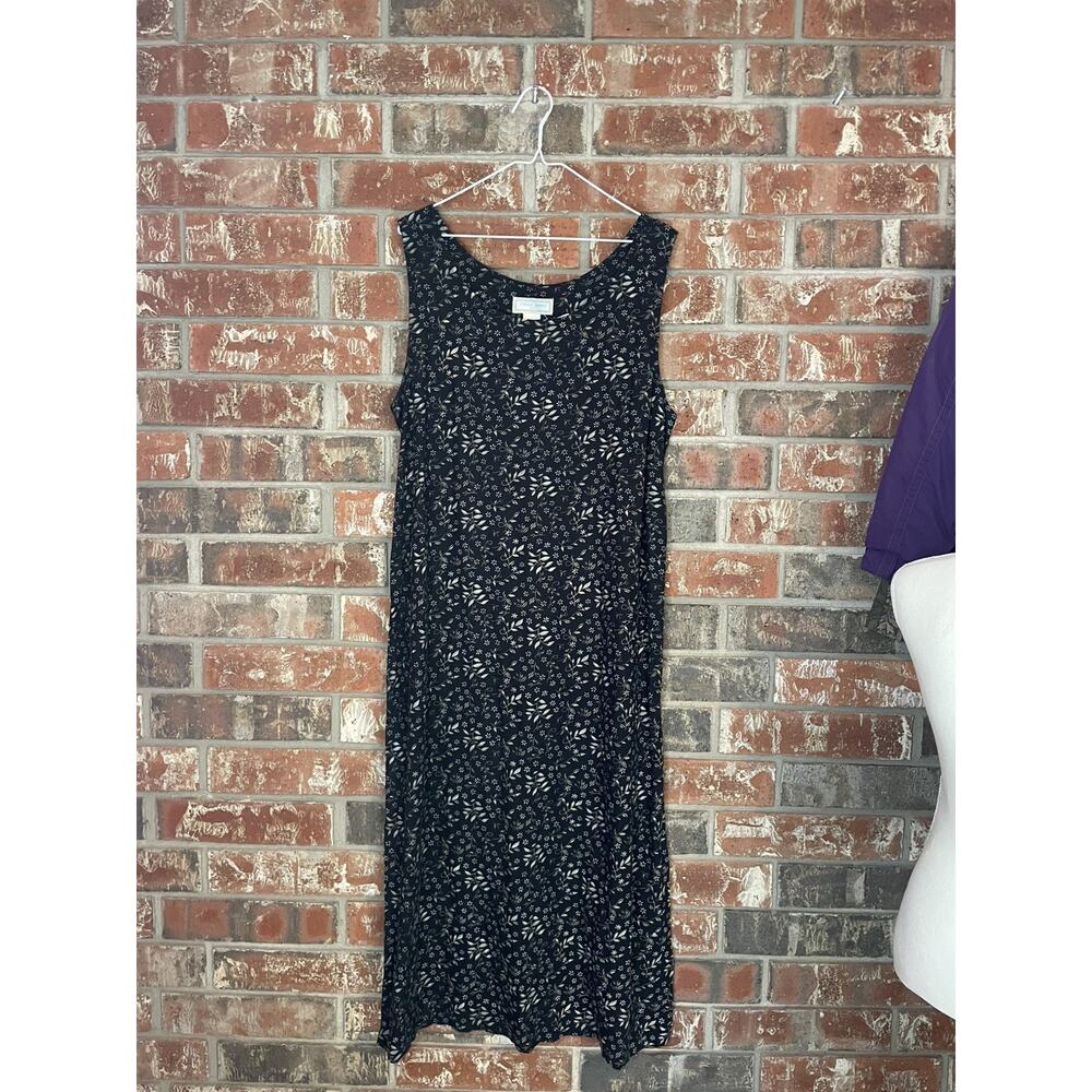 VTG Black Floral Shift Midi Dress Petite Large Linen Blend 90s Minimalist